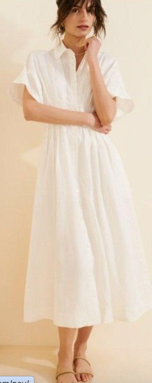 Anthropologie Exquise 100% Linen The Tobie Pleated Shirt Midi Dress Ivory Large